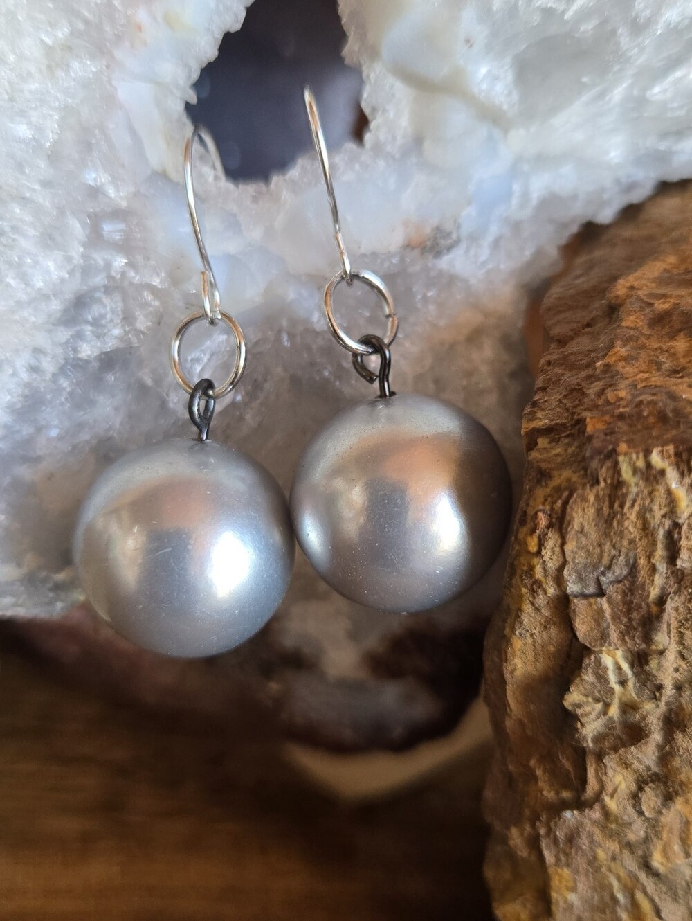 Handmade Silver Pearl Acrylic Drop Earrings | Classic Gray Pearl Dangle Earrings